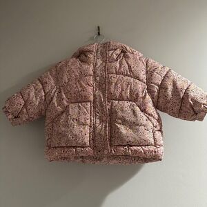Zara Puffer Jacket Kids 18-24 Months Pink Floral Excellent Hooded Quilted Coat